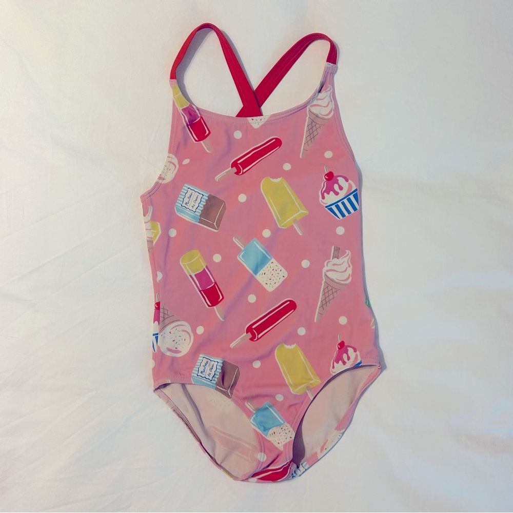 Mini Boden One Piece Pink Ice Cream Cross Back Swimsuit